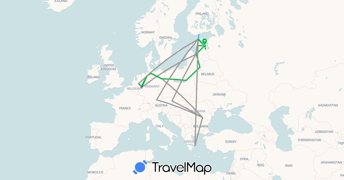 TravelMap itinerary: bus, plane, train, boat in Austria, Germany, Estonia, Finland, Greece, Lithuania, Latvia, Poland, Romania (Europe)